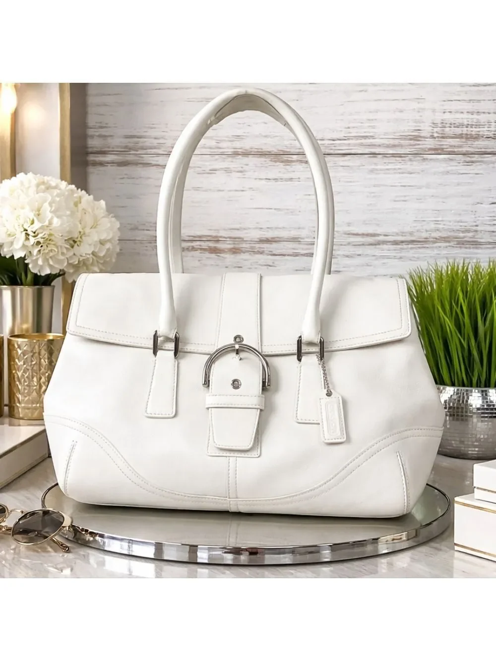 Coach Buckle Vintage Hand Shoulder Bag Soho‎ White Leather Satchel Silver Hardwa